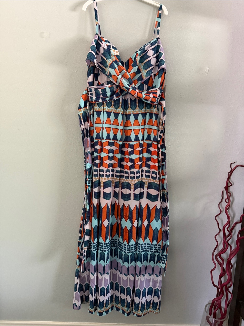 Jessica Simpson Orange, Teal, Navy & Pink Geometric Maxi Dress
